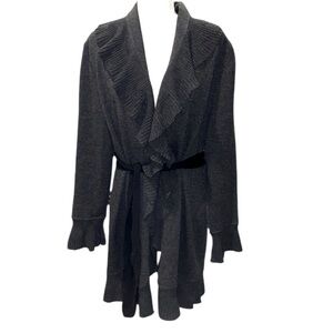 St. John Charcoal Gray Ruffle Collared Santana Knit Long Cardigan Duster - 14